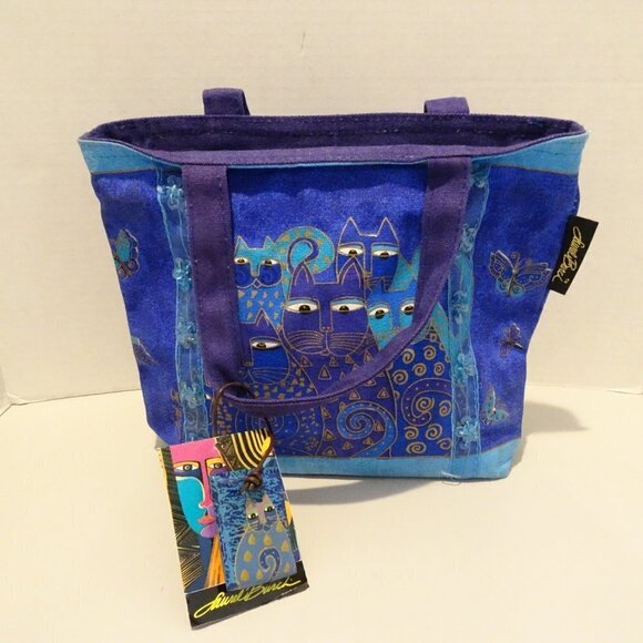 Indigo Cats Laurel Burch Small Canvas Purse Tote Handbag Blue NEW Beaded Sequin - Picture 1 of 8